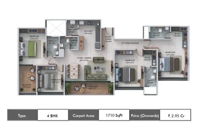 Dream Velmore 4 BHK floor plan, 1710 sq ft carpet area