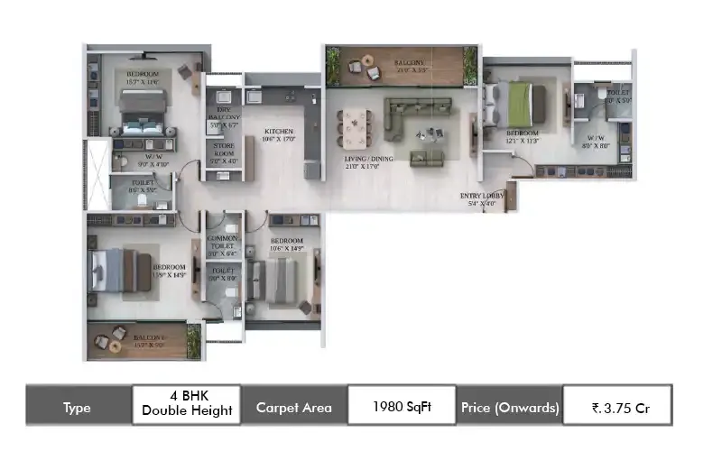 Dream Velmore 4 BHK Double Height floor plan, 1980 sq ft carpet area