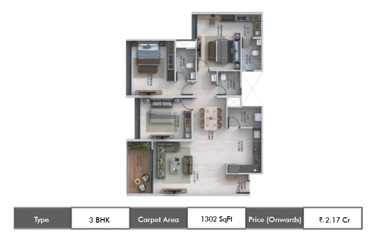 Dream Velmore 3 BHK floor plan, 1302 sq ft carpet area